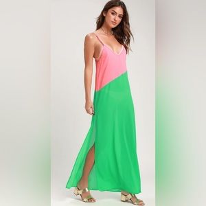 Lulus Seaside Retreat Coral Pink and Green Maxi Cover-Up. Small